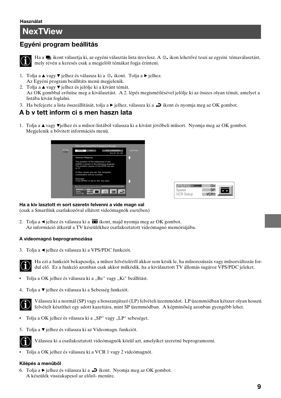 Nextview, Egyéni program beállitás, A b v tett inform ci s men haszn lata | Sony KV-29FQ65K User Manual | Page 91 / 160