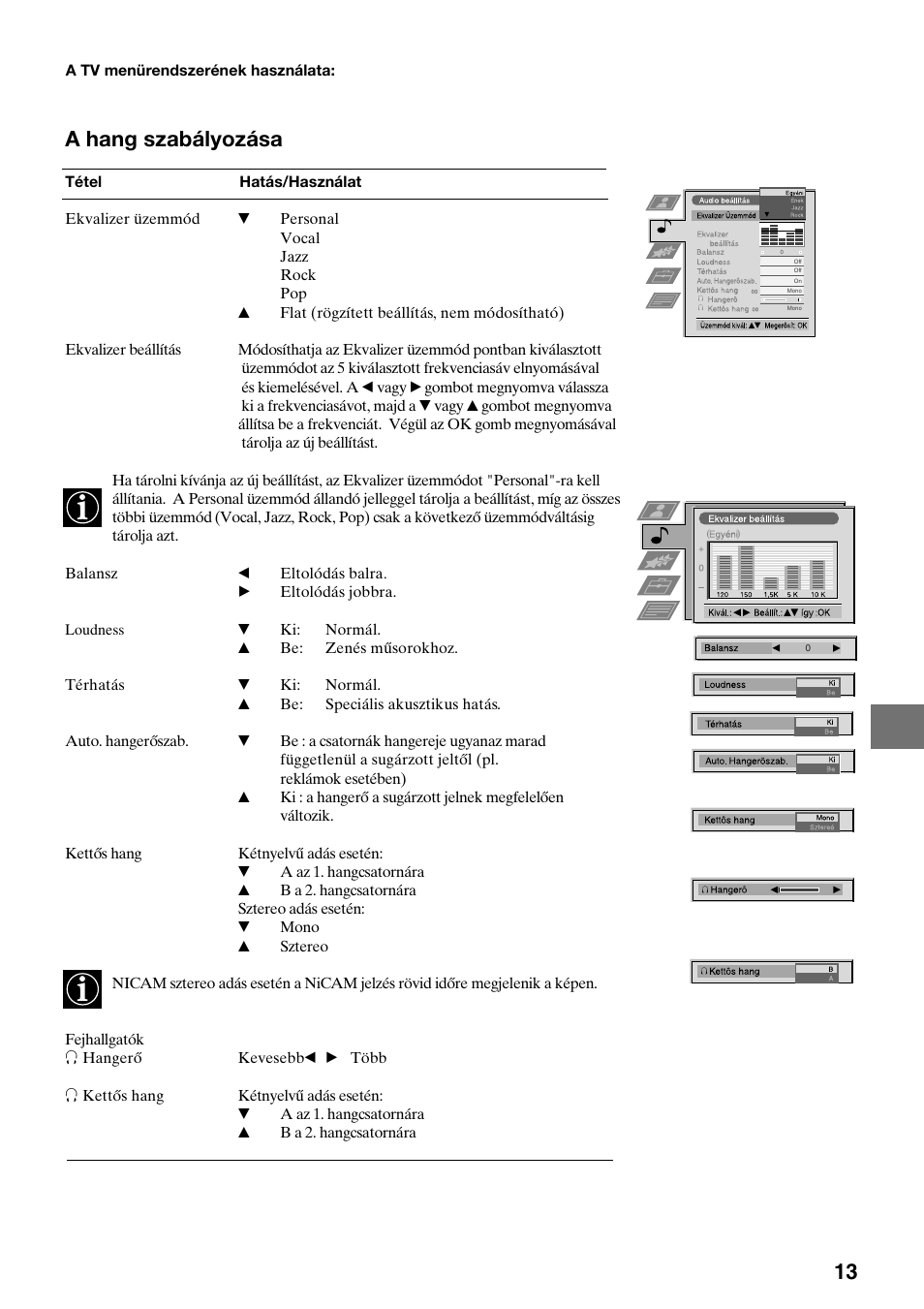 13 a hang szabályozása | Sony KV-29FQ65K User Manual | Page 95 / 160
