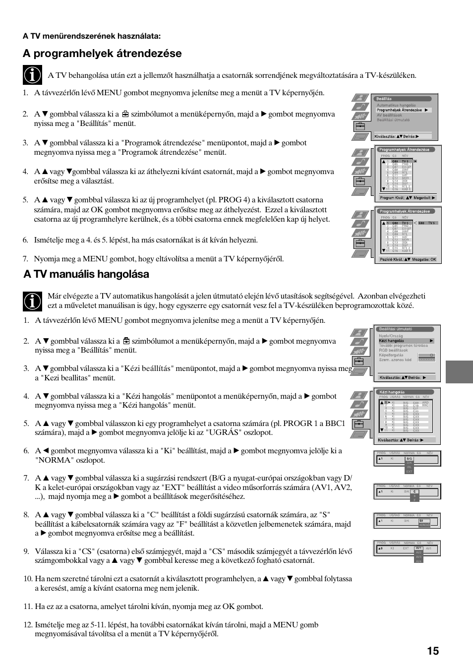 A programhelyek átrendezése, A tv manuális hangolása | Sony KV-29FQ65K User Manual | Page 97 / 160