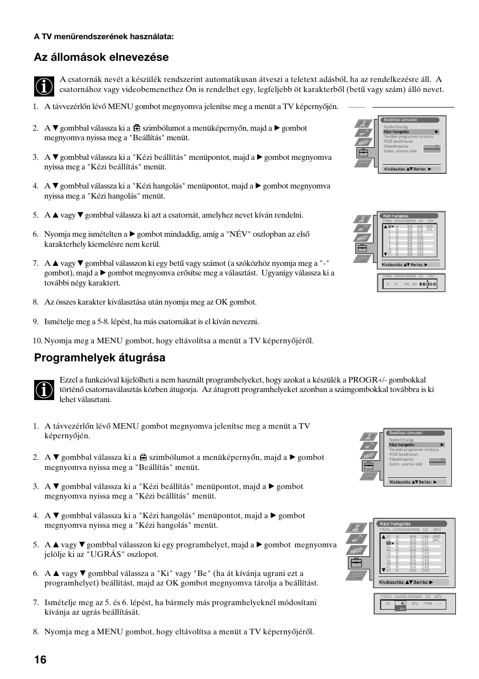 Az állomások elnevezése, Programhelyek átugrása | Sony KV-29FQ65K User Manual | Page 98 / 160