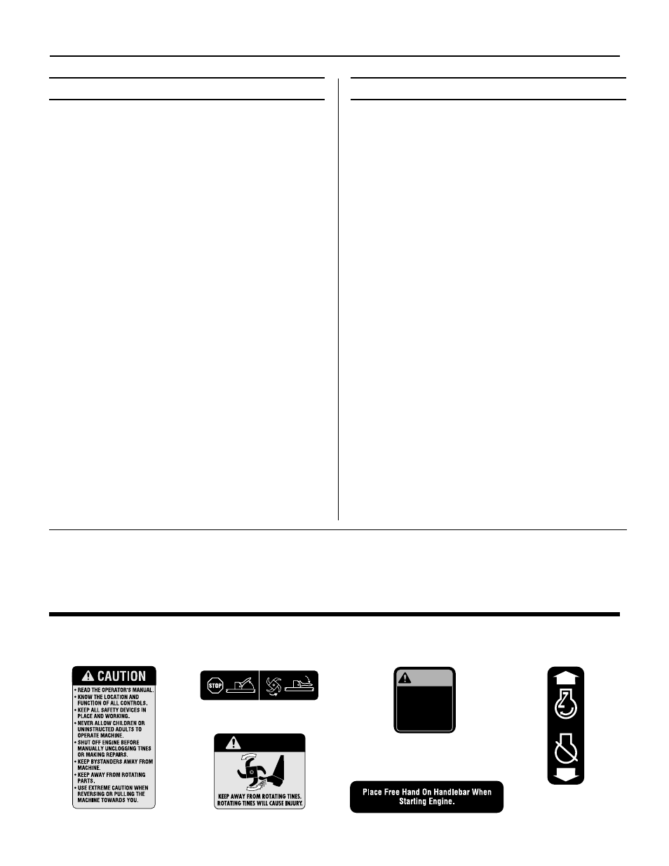 Parts list, Safety and operating decals, Warning | Troy-Bilt 12234 User Manual | Page 15 / 16