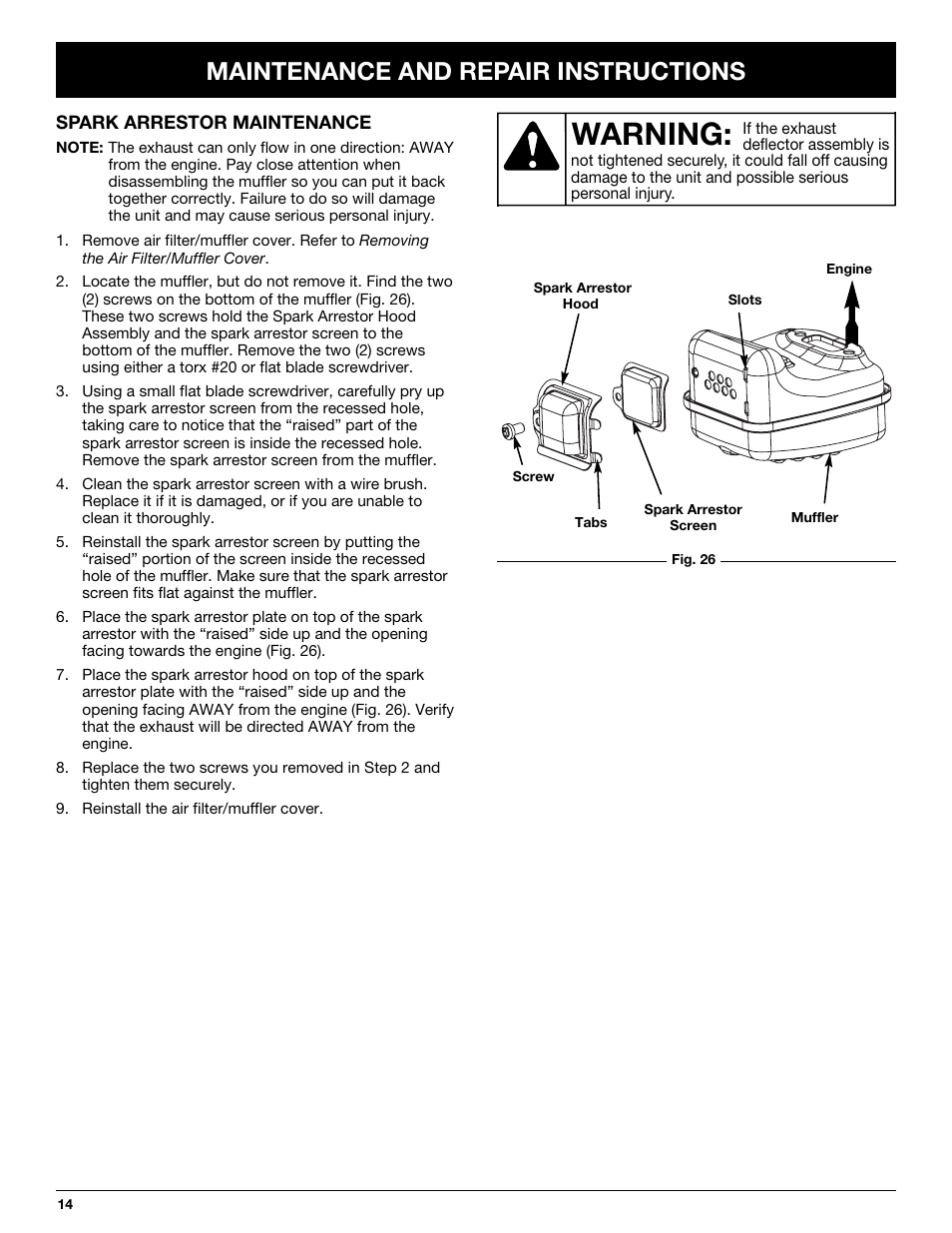 Warning, Maintenance and repair instructions | Troy-Bilt TB65SS User Manual | Page 14 / 64
