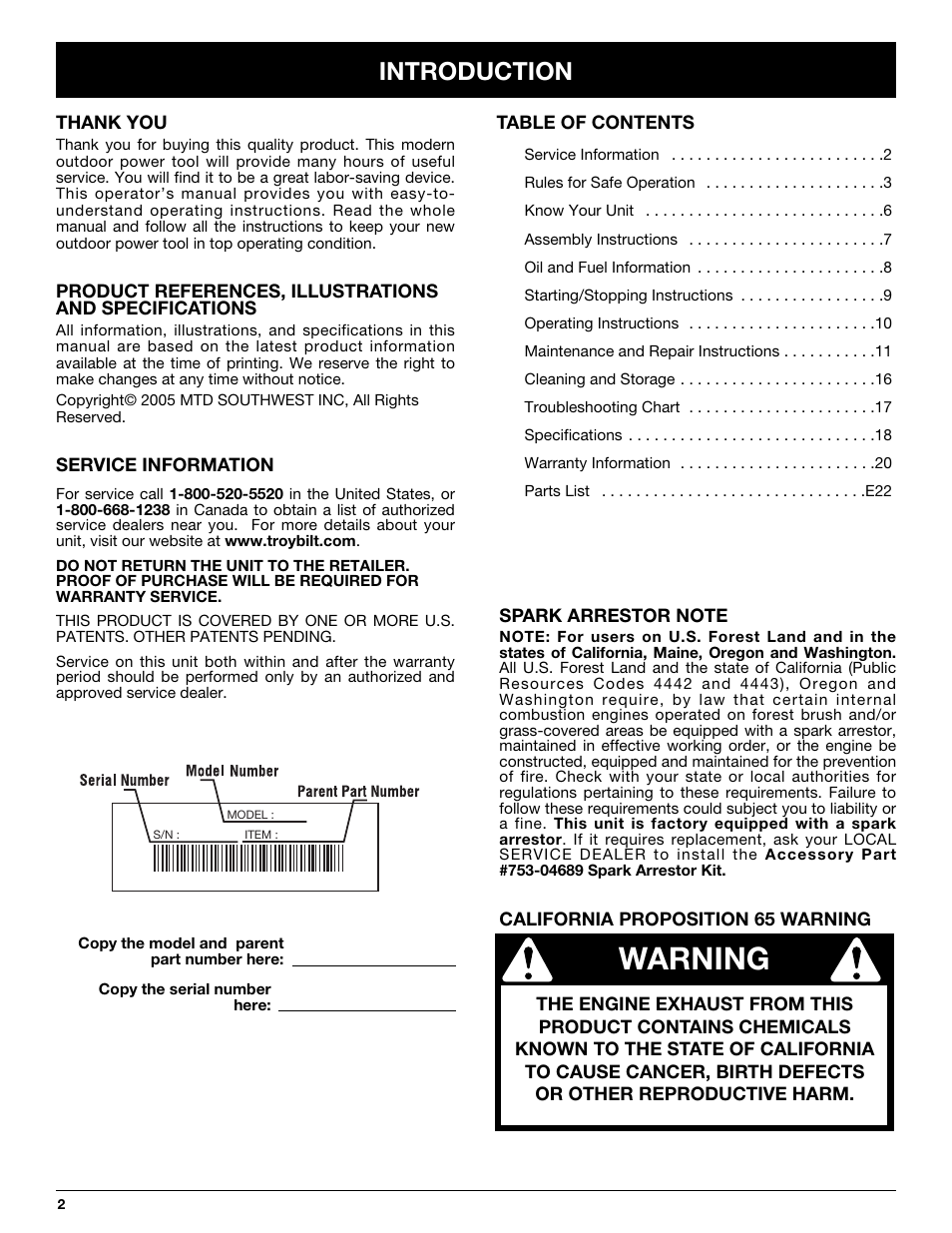 Warning, Introduction | Troy-Bilt TB65SS User Manual | Page 2 / 64