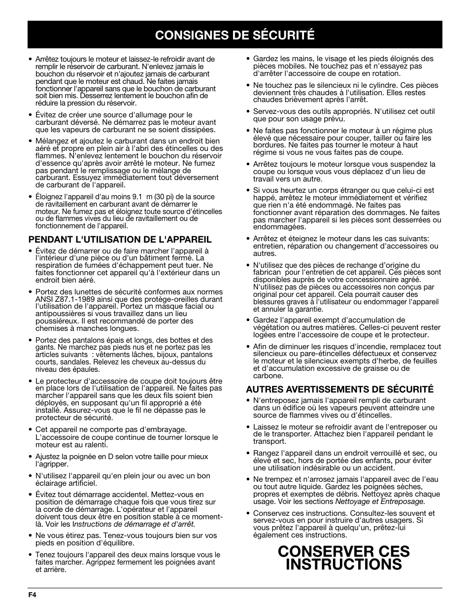 Conserver ces instructions, Consignes de sécurité | Troy-Bilt TB65SS User Manual | Page 24 / 64