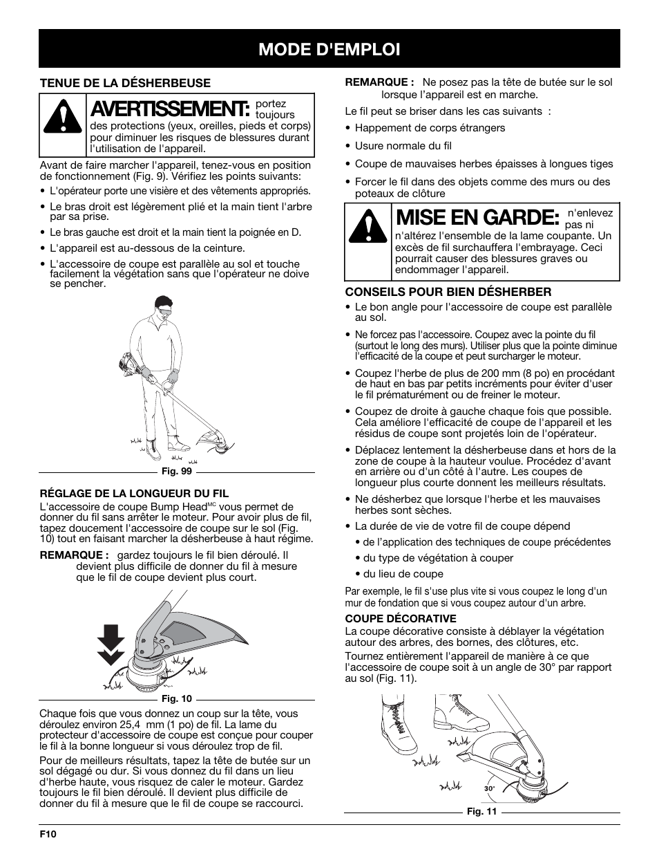 Mise en garde, Avertissement, Mode d'emploi | Troy-Bilt TB65SS User Manual | Page 30 / 64