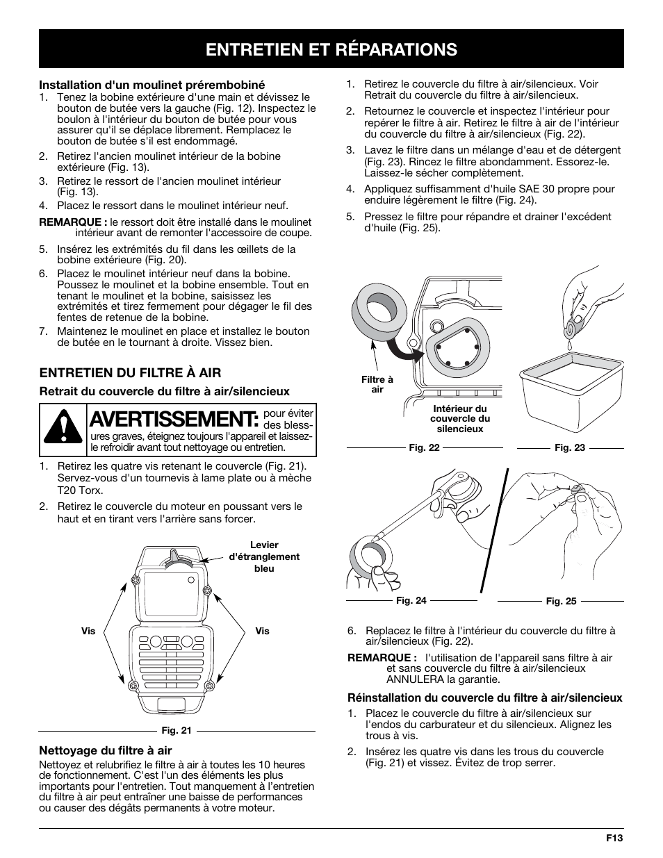 Avertissement, Entretien et réparations | Troy-Bilt TB65SS User Manual | Page 33 / 64