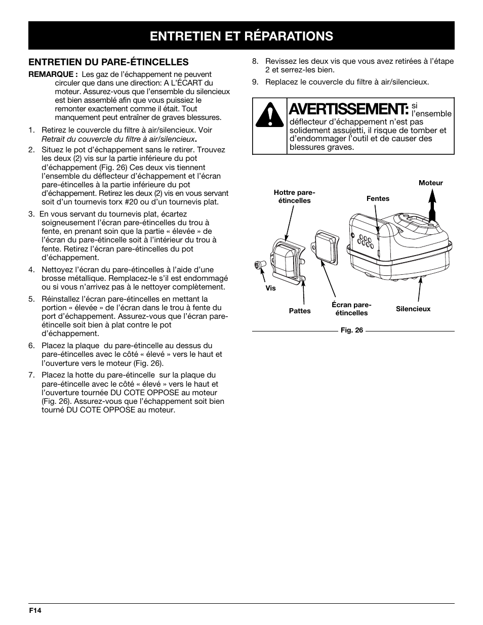 Avertissement, Entretien et réparations | Troy-Bilt TB65SS User Manual | Page 34 / 64