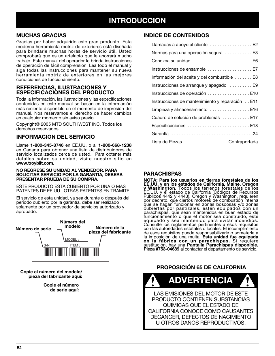 Advertencia, Introduccion | Troy-Bilt TB65SS User Manual | Page 42 / 64