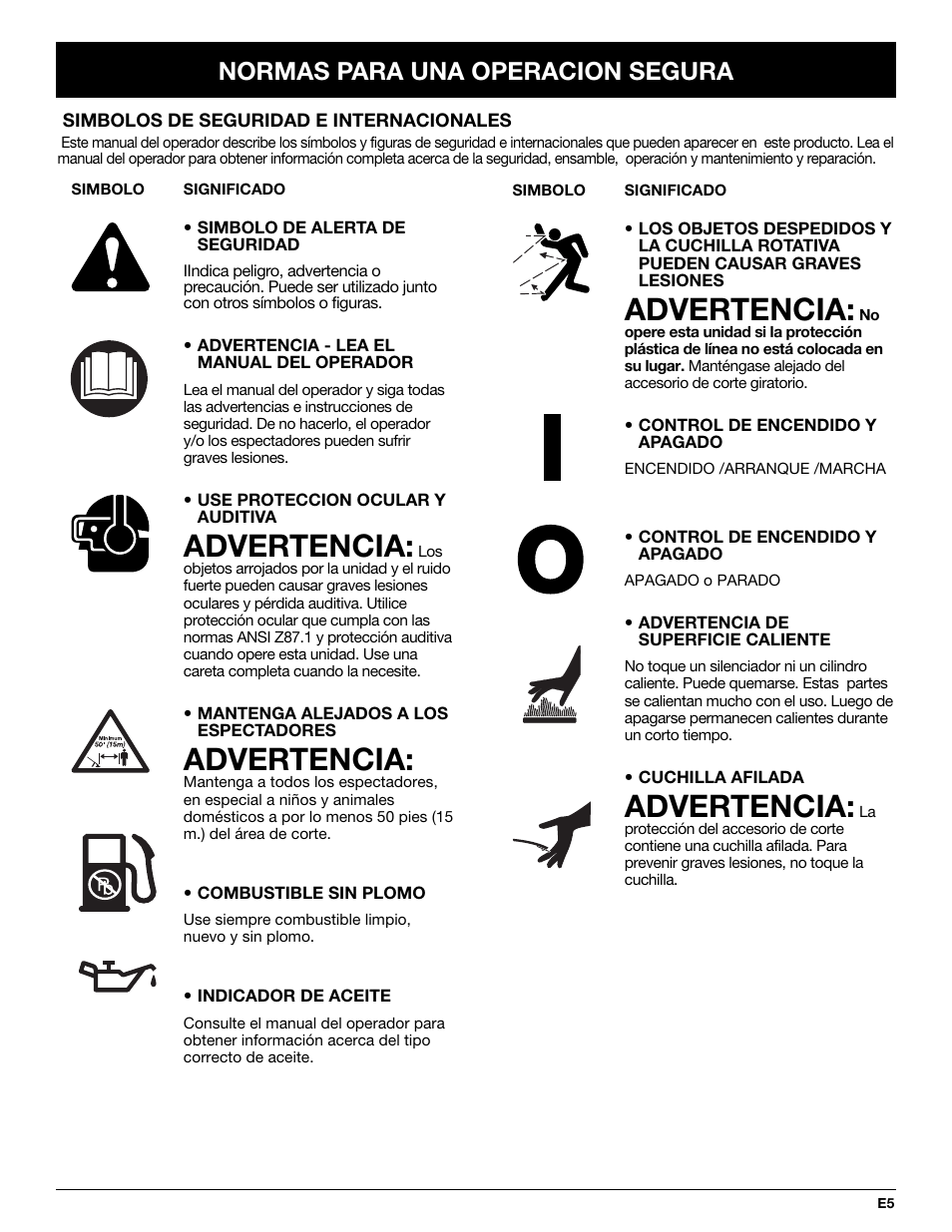 Advertencia, Normas para una operacion segura | Troy-Bilt TB65SS User Manual | Page 45 / 64