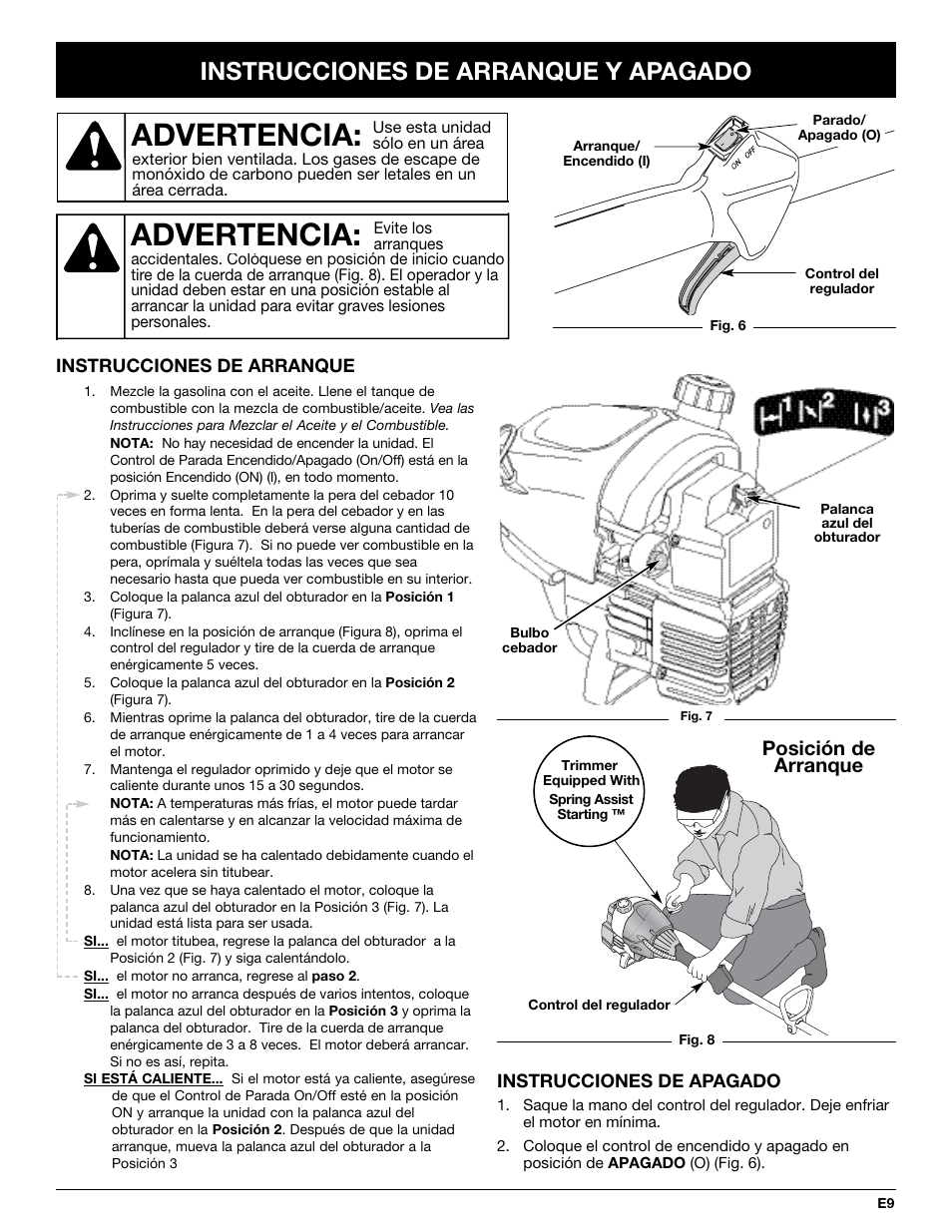 Advertencia, Instrucciones de arranque y apagado, Posición de arranque | Troy-Bilt TB65SS User Manual | Page 49 / 64