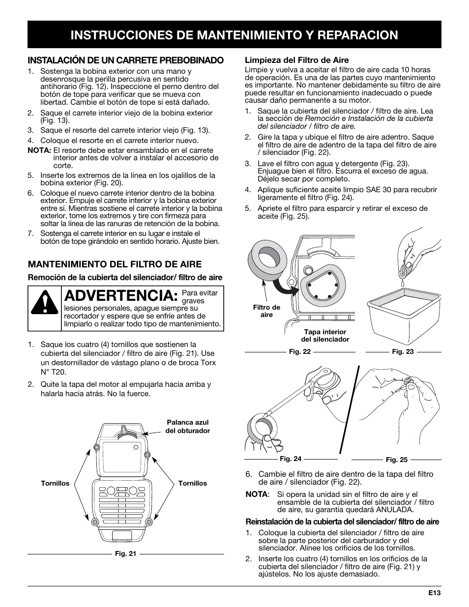Advertencia, Instrucciones de mantenimiento y reparacion | Troy-Bilt TB65SS User Manual | Page 53 / 64