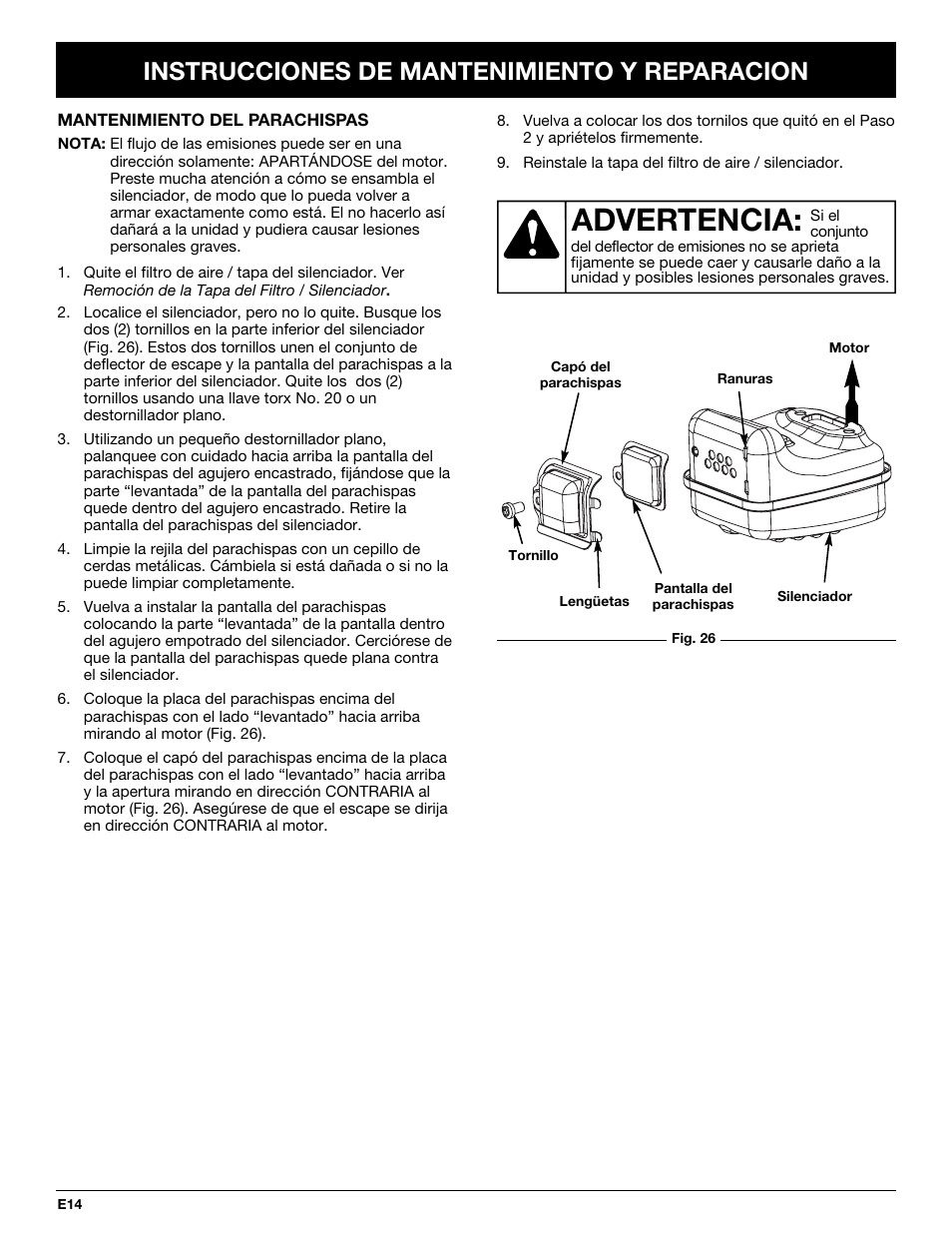 Advertencia, Instrucciones de mantenimiento y reparacion | Troy-Bilt TB65SS User Manual | Page 54 / 64