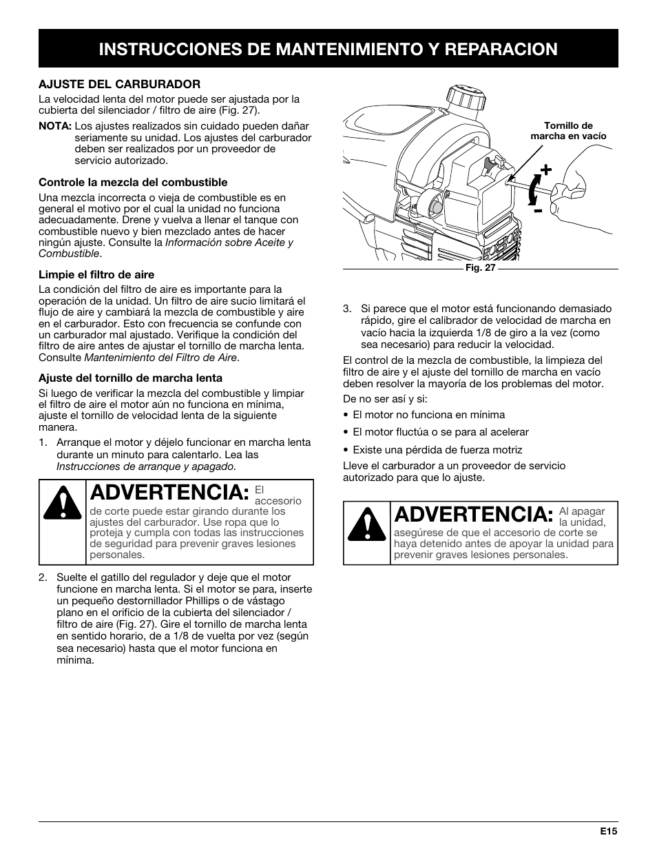 Advertencia, Instrucciones de mantenimiento y reparacion | Troy-Bilt TB65SS User Manual | Page 55 / 64