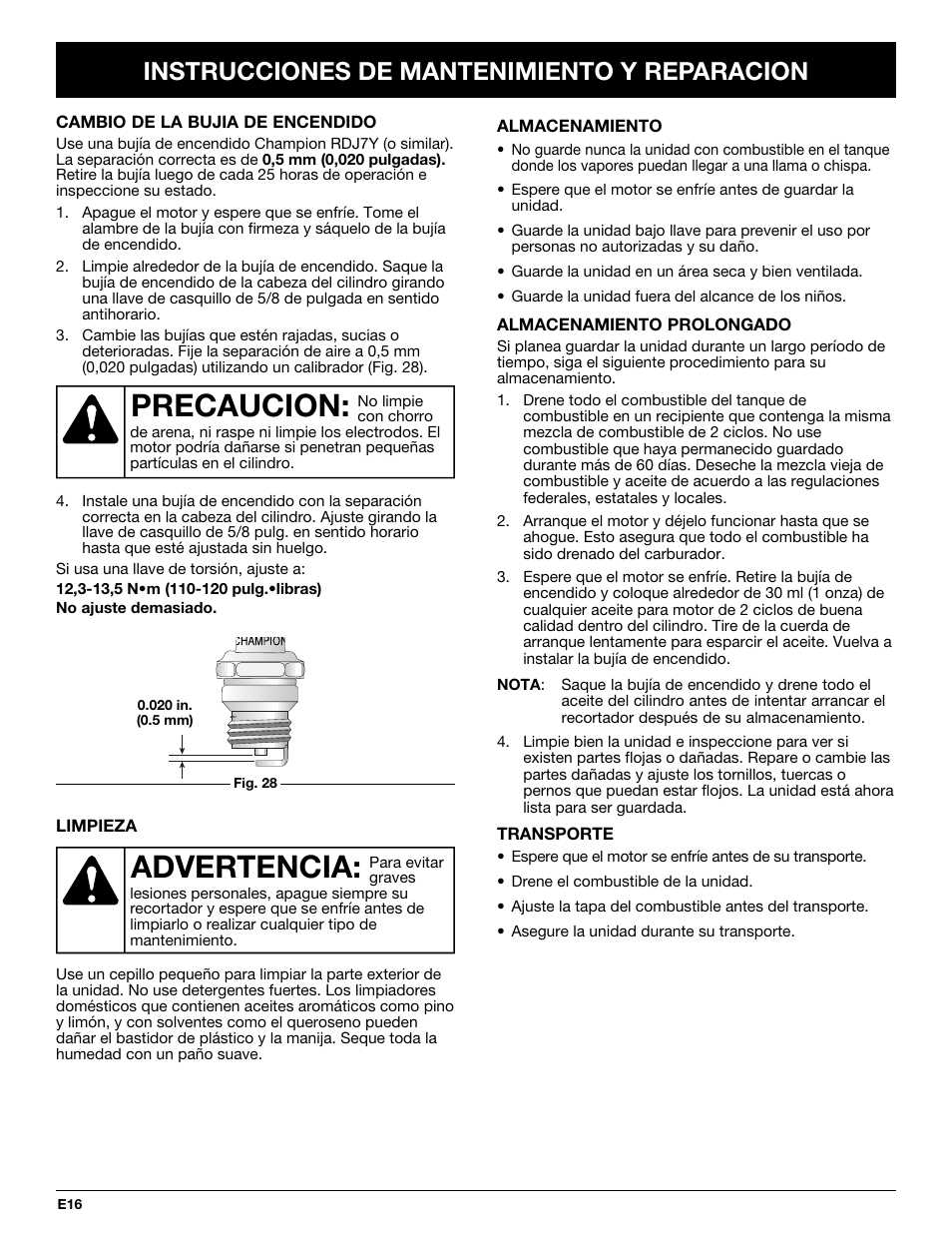 Advertencia, Precaucion, Instrucciones de mantenimiento y reparacion | Troy-Bilt TB65SS User Manual | Page 56 / 64