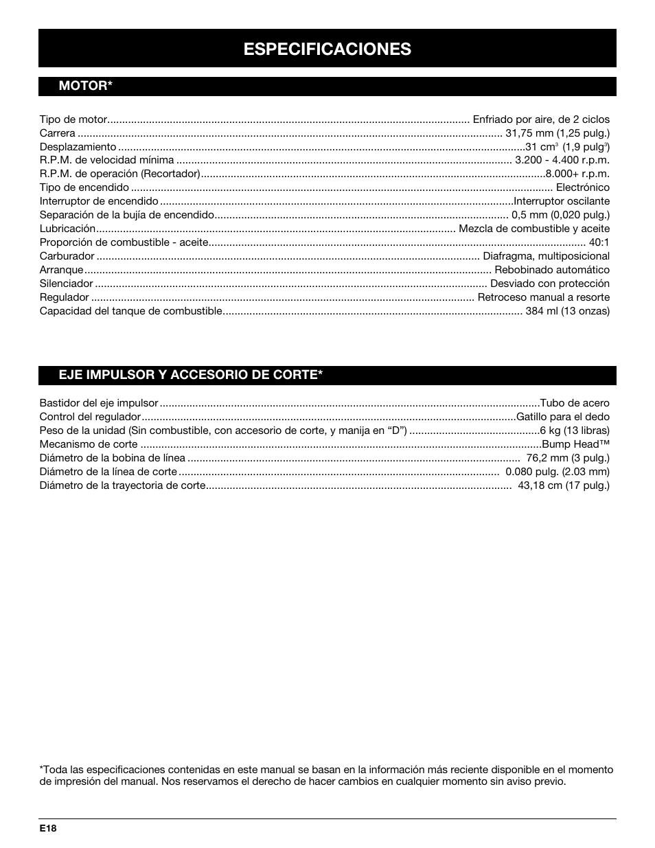 Especificaciones | Troy-Bilt TB65SS User Manual | Page 58 / 64