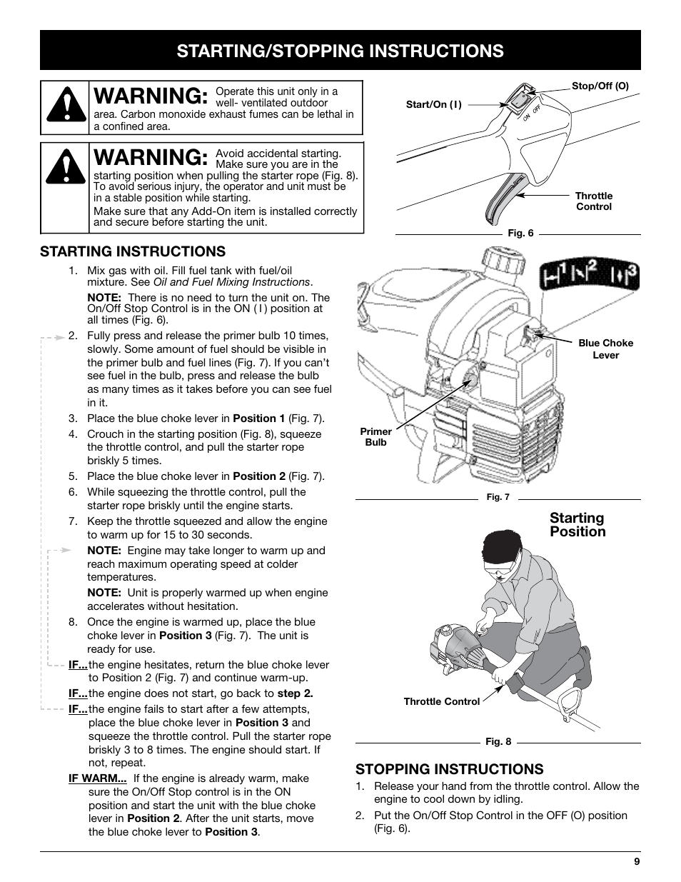 Warning, Starting/stopping instructions, Starting instructions stopping instructions | Starting position | Troy-Bilt TB65SS User Manual | Page 9 / 64