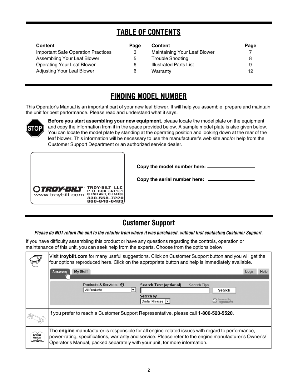 Table of contents finding model number, Customer support | Troy-Bilt 657 User Manual | Page 2 / 12