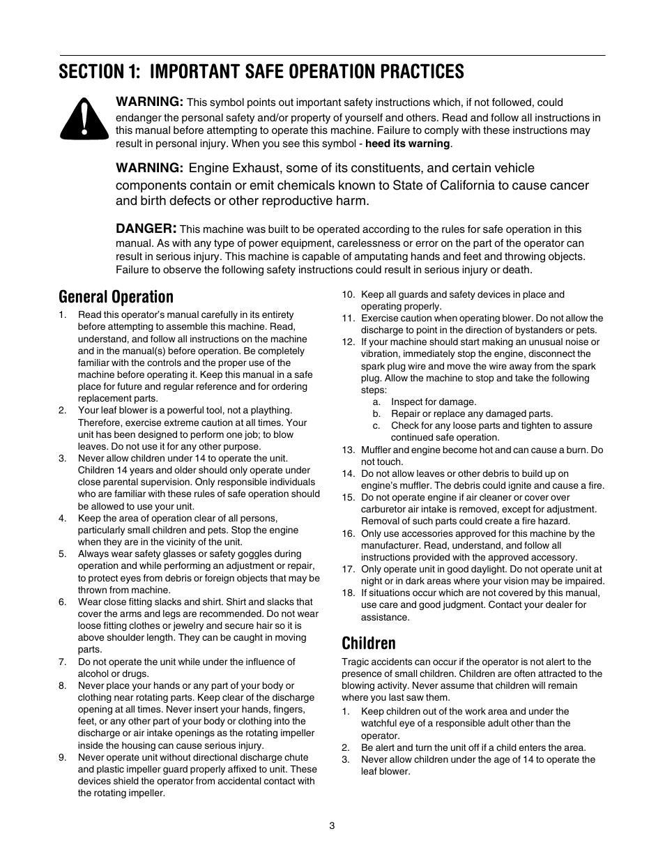 General operation, Children | Troy-Bilt 657 User Manual | Page 3 / 12