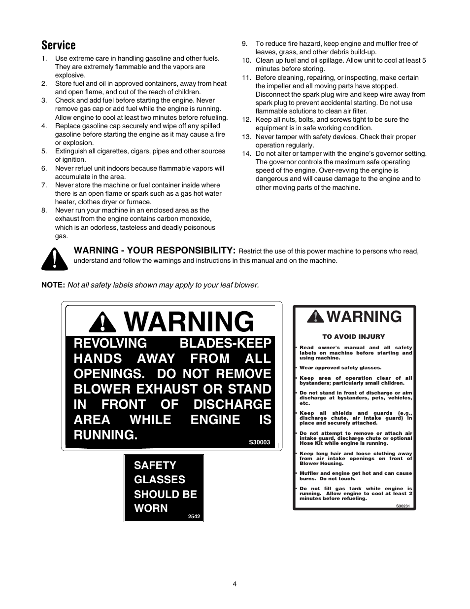 Warning, Service, Safety glasses should be worn | Warning - your responsibility | Troy-Bilt 657 User Manual | Page 4 / 12