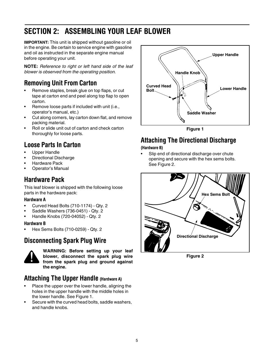 Figure 1, Figure 2, Removing unit from carton | Loose parts in carton, Hardware pack, Disconnecting spark plug wire, Attaching the upper handle, Attaching the directional discharge | Troy-Bilt 657 User Manual | Page 5 / 12