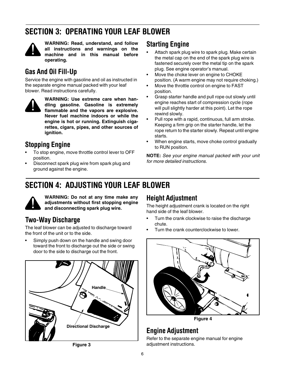 Figure 3, Figure 4, Gas and oil fill-up | Stopping engine, Starting engine, Two-way discharge, Height adjustment, Engine adjustment | Troy-Bilt 657 User Manual | Page 6 / 12