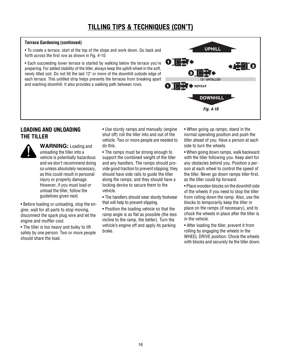 Tilling tips & techniques (con’t), Loading and unloading the tiller | Troy-Bilt Pro Line User Manual | Page 16 / 32
