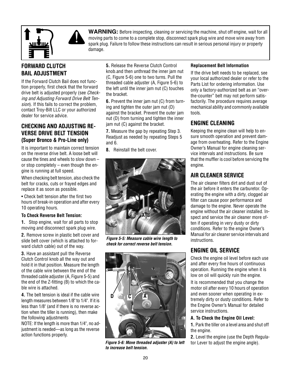 Forward clutch bail adjustment, Engine cleaning, Air cleaner service | Engine oil service | Troy-Bilt Pro Line User Manual | Page 20 / 32