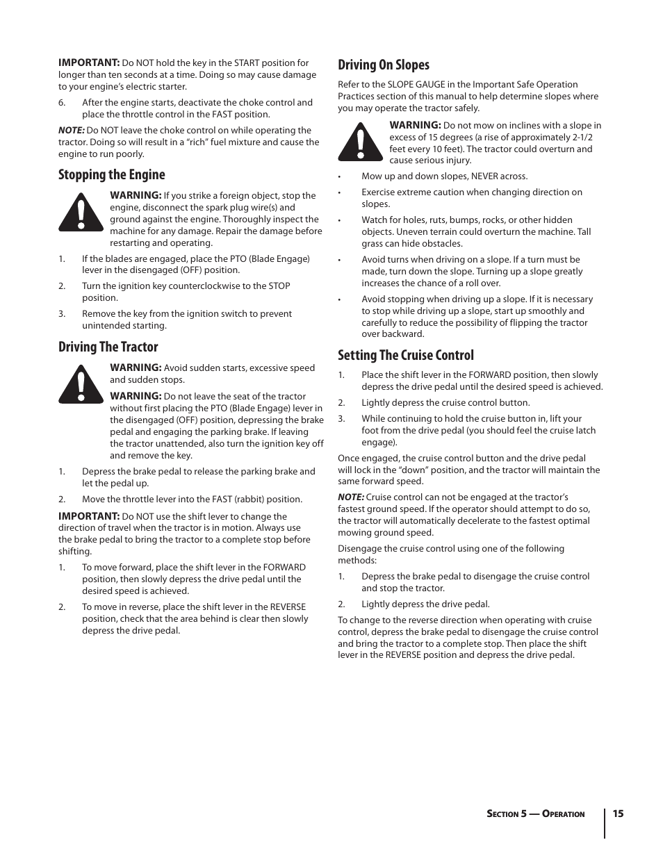 Stopping the engine, Driving the tractor, Driving on slopes | Setting the cruise control | Troy-Bilt Bronco User Manual | Page 15 / 64