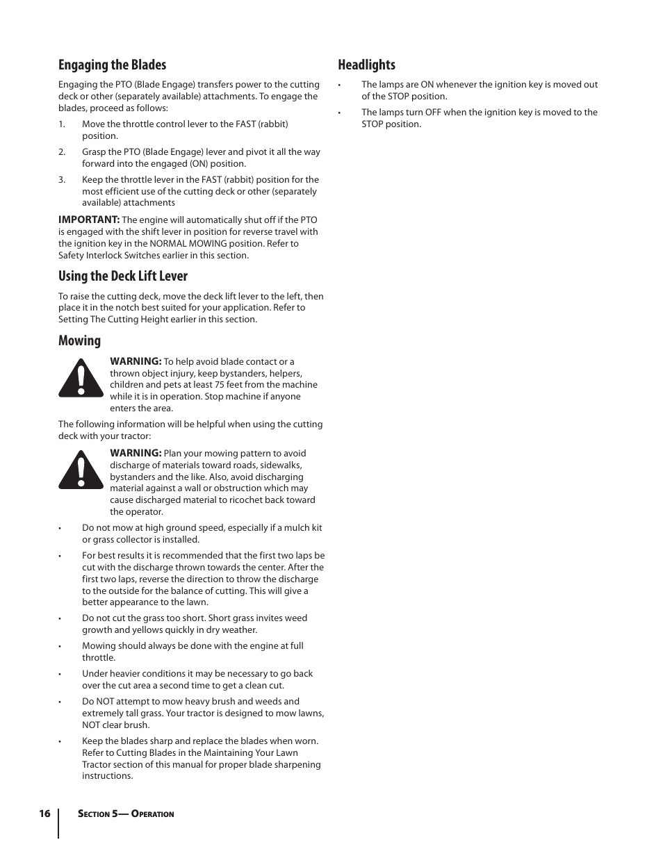 Engaging the blades, Using the deck lift lever, Mowing | Headlights | Troy-Bilt Bronco User Manual | Page 16 / 64
