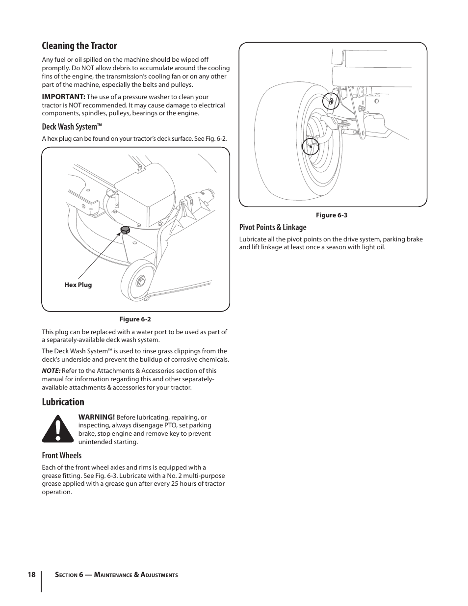 Cleaning the tractor, Lubrication | Troy-Bilt Bronco User Manual | Page 18 / 64