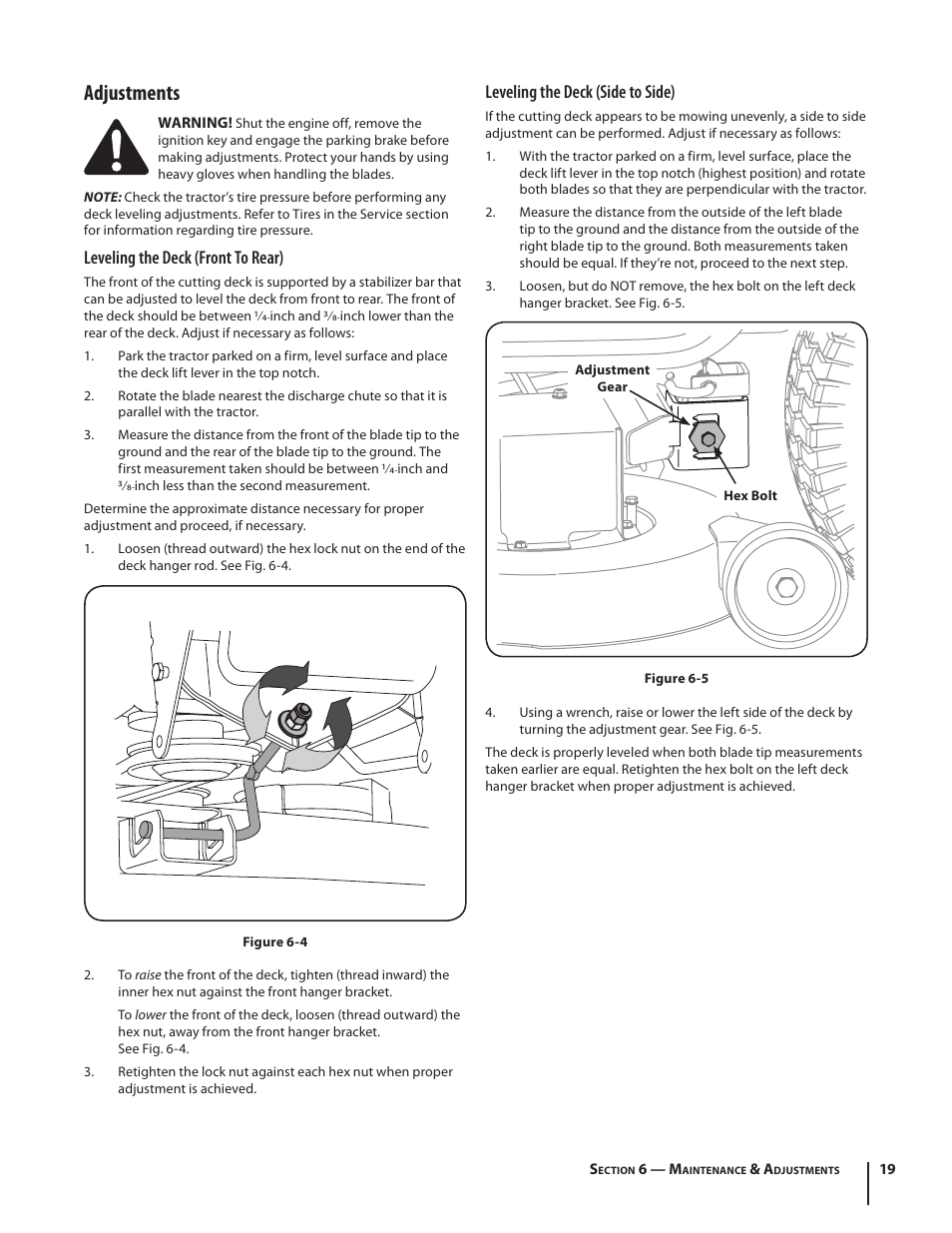 Adjustments, Leveling the deck (front to rear), Leveling the deck (side to side) | Troy-Bilt Bronco User Manual | Page 19 / 64