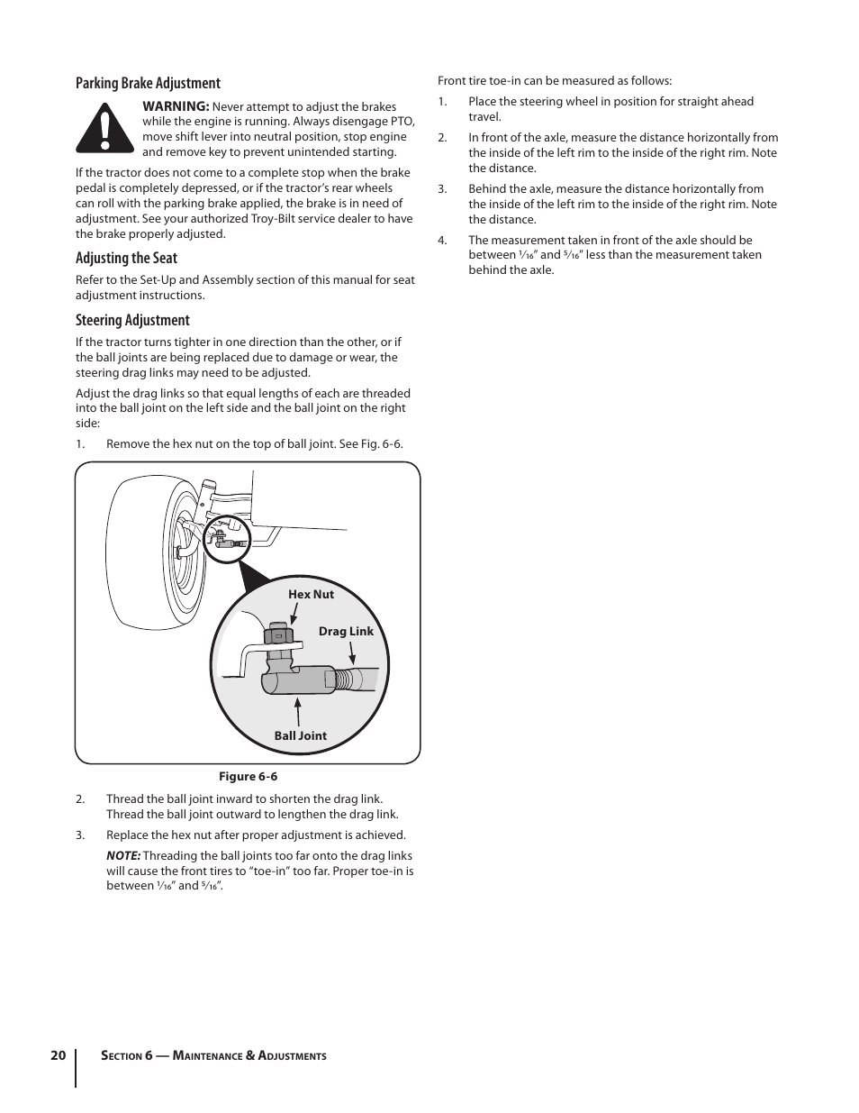 Parking brake adjustment, Adjusting the seat, Steering adjustment | Troy-Bilt Bronco User Manual | Page 20 / 64