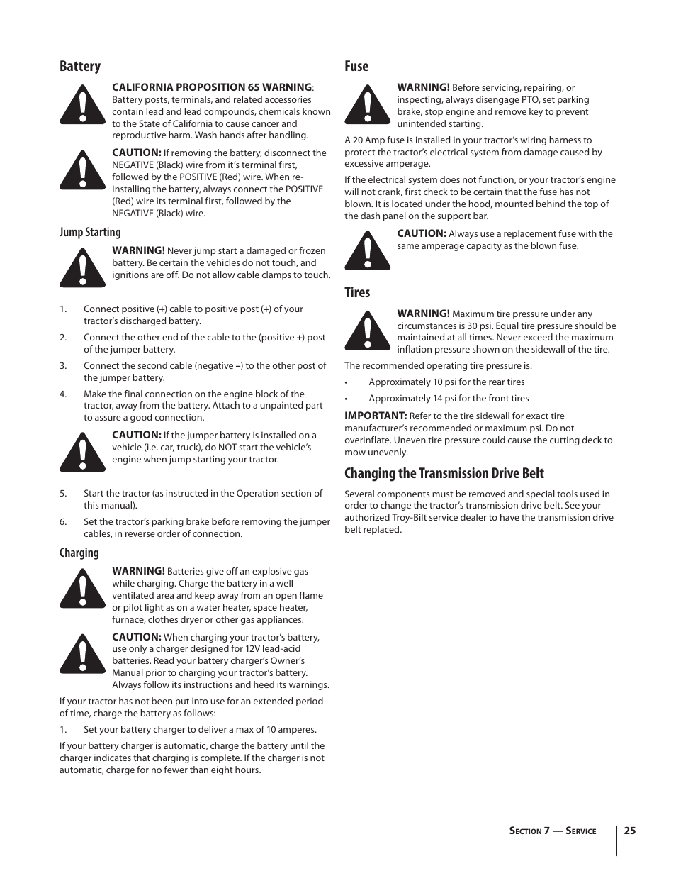 Battery, Fuse, Tires | Changing the transmission drive belt | Troy-Bilt Bronco User Manual | Page 25 / 64