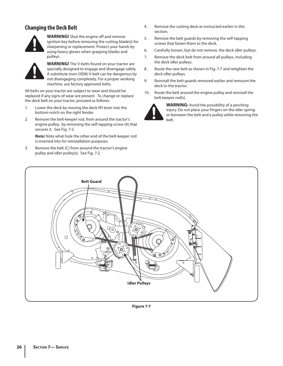 Changing the deck belt | Troy-Bilt Bronco User Manual | Page 26 / 64