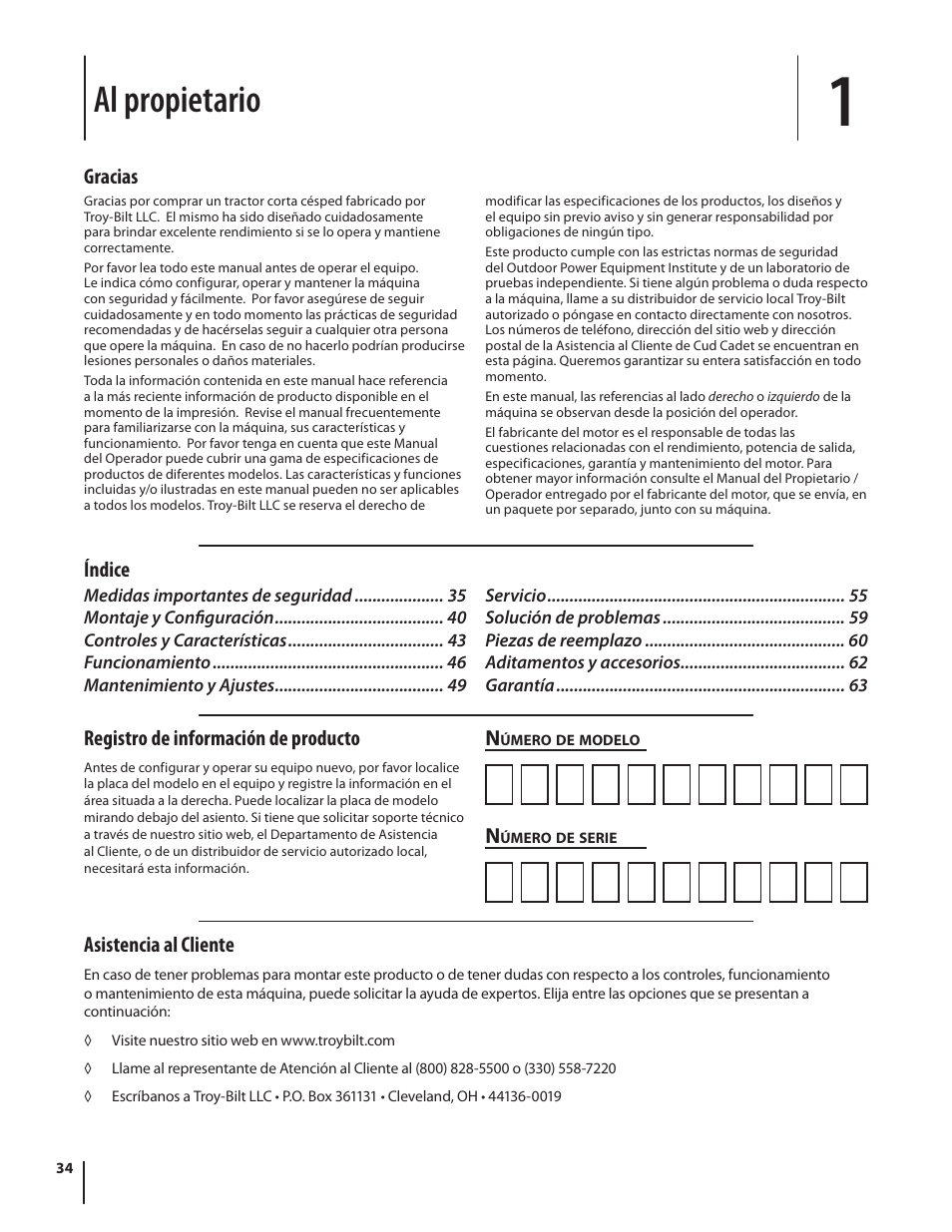 Al propietario, Asistencia al cliente, Gracias registro de información de producto | Índice | Troy-Bilt Bronco User Manual | Page 34 / 64