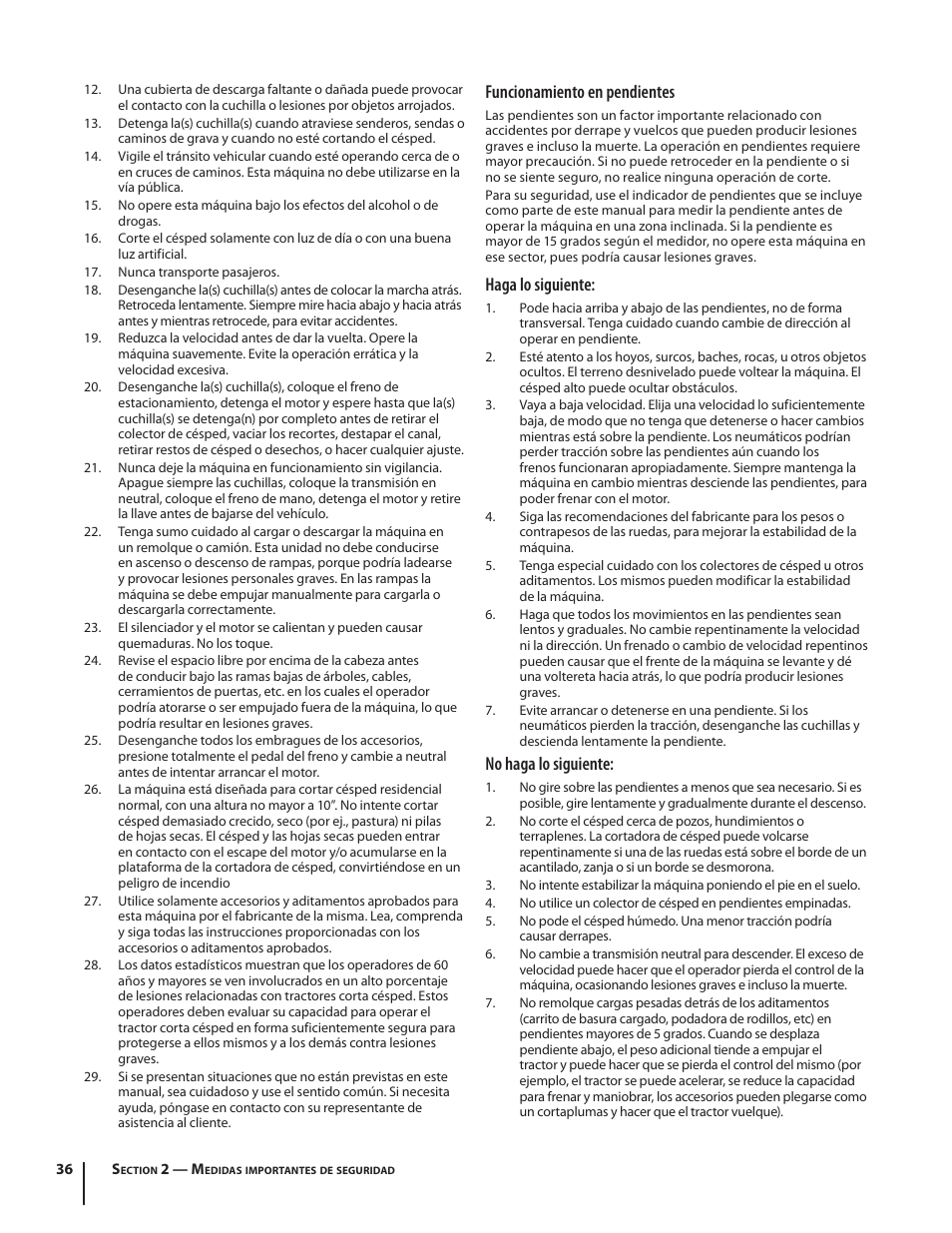 Funcionamiento en pendientes, Haga lo siguiente, No haga lo siguiente | Troy-Bilt Bronco User Manual | Page 36 / 64