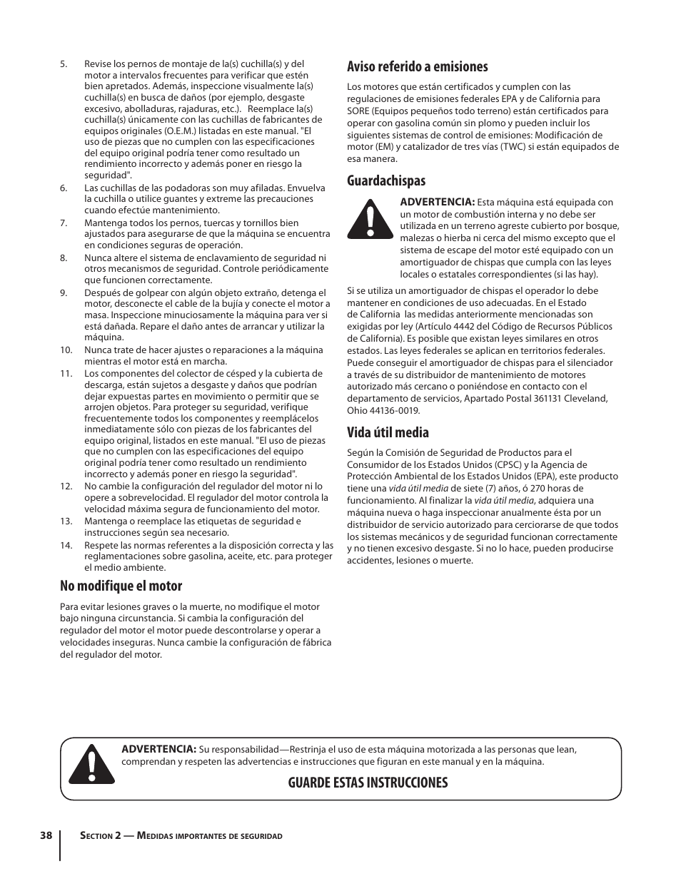 No modifique el motor, Aviso referido a emisiones, Guardachispas | Vida útil media, Guarde estas instrucciones | Troy-Bilt Bronco User Manual | Page 38 / 64