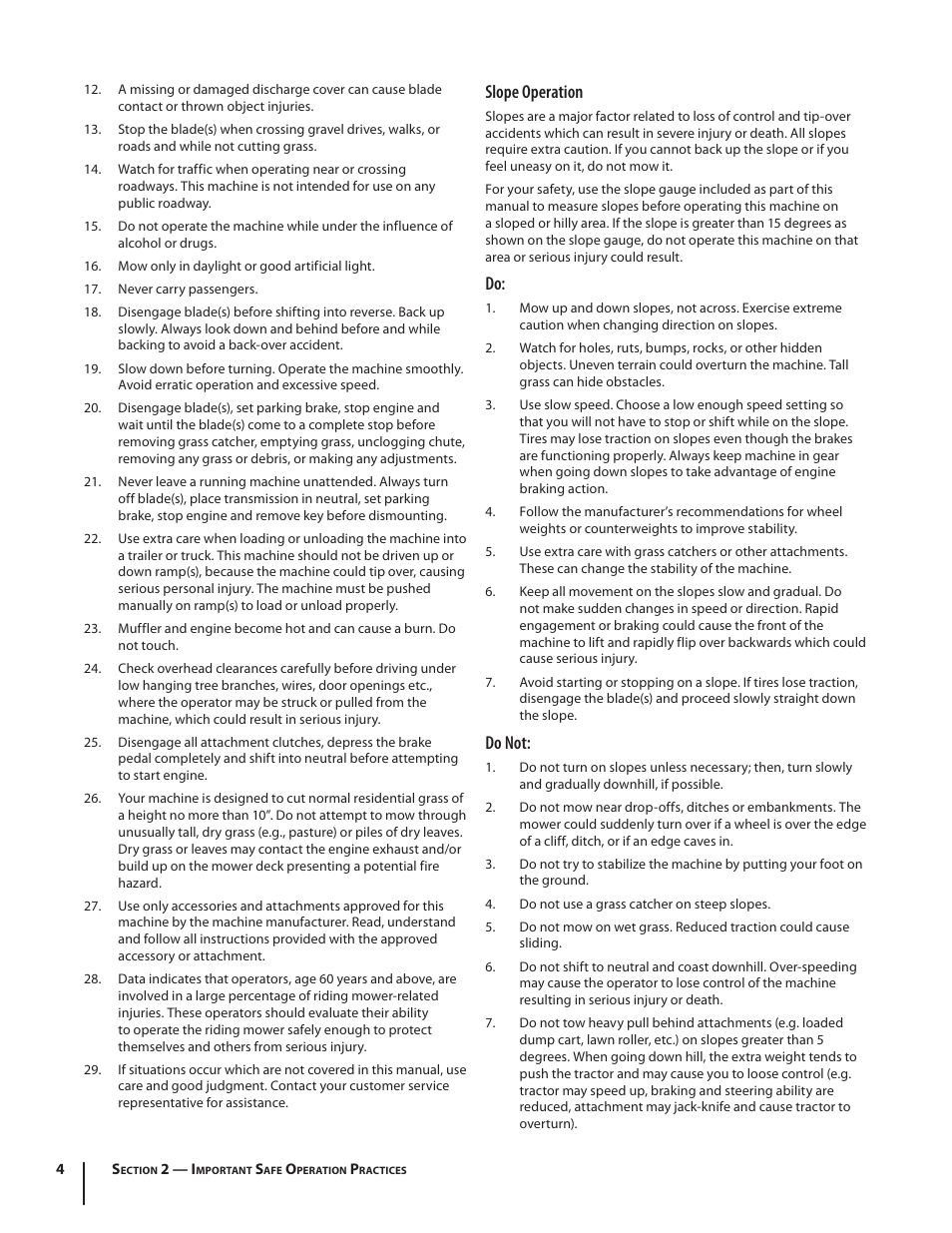 Slope operation, Do not | Troy-Bilt Bronco User Manual | Page 4 / 64