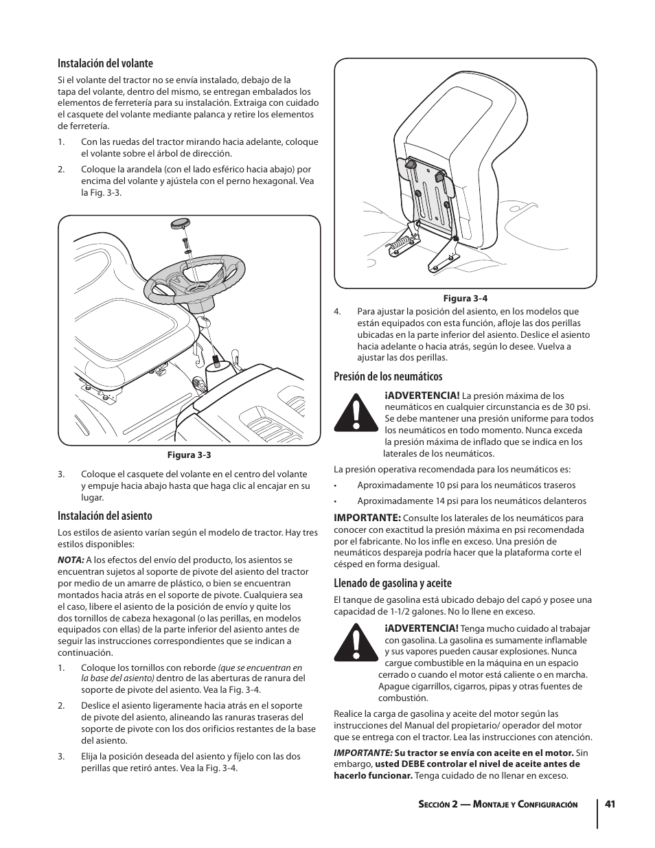 Instalación del volante, Instalación del asiento, Presión de los neumáticos | Llenado de gasolina y aceite | Troy-Bilt Bronco User Manual | Page 41 / 64