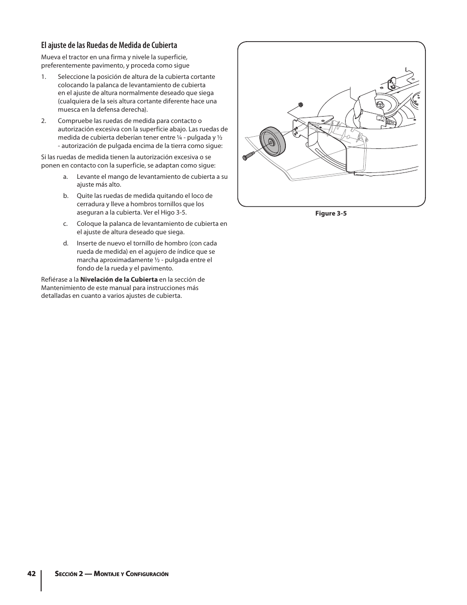 El ajuste de las ruedas de medida de cubierta | Troy-Bilt Bronco User Manual | Page 42 / 64