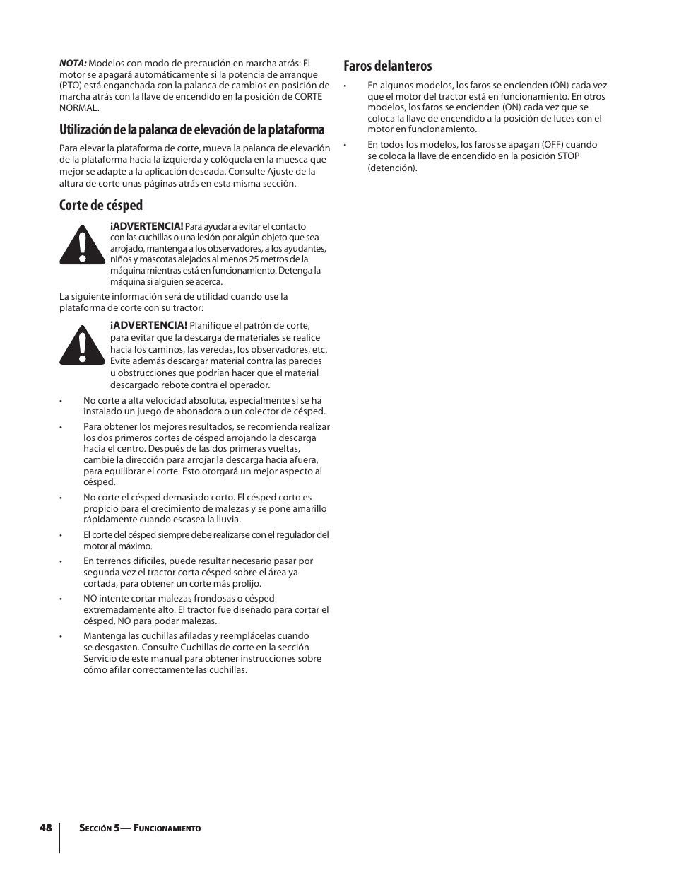Corte de césped, Faros delanteros | Troy-Bilt Bronco User Manual | Page 48 / 64