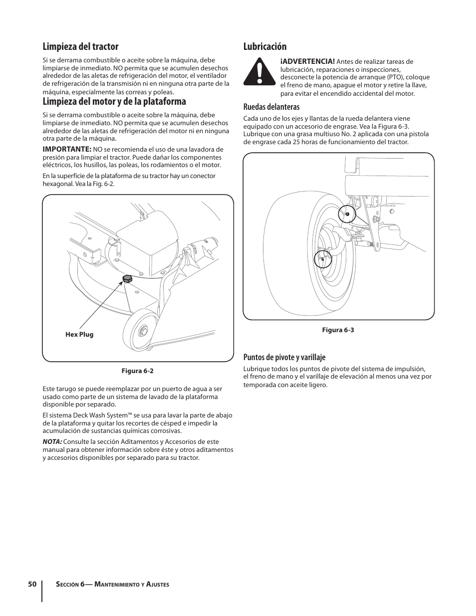 Limpieza del tractor, Limpieza del motor y de la plataforma, Lubricación | Ruedas delanteras, Puntos de pivote y varillaje | Troy-Bilt Bronco User Manual | Page 50 / 64