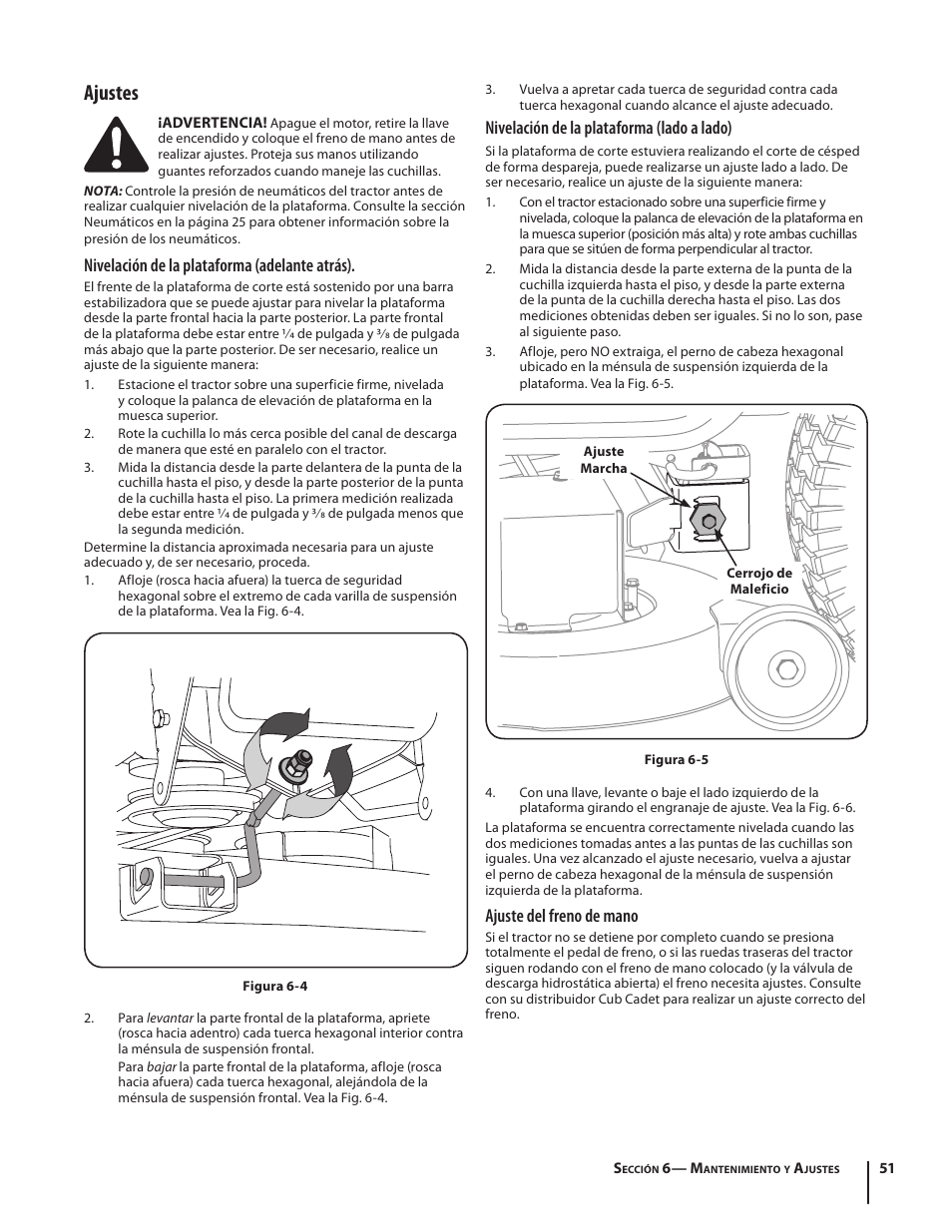 Ajustes, Nivelación de la plataforma (adelante atrás), Nivelación de la plataforma (lado a lado) | Ajuste del freno de mano | Troy-Bilt Bronco User Manual | Page 51 / 64