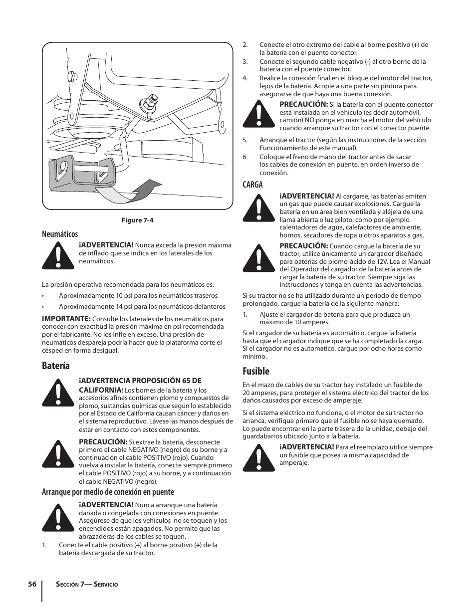 Batería, Fusible, Neumáticos | Arranque por medio de conexión en puente, Carga | Troy-Bilt Bronco User Manual | Page 56 / 64