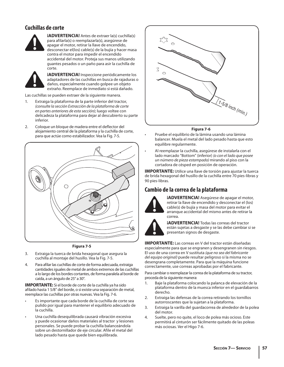 Cuchillas de corte, Cambio de la correa de la plataforma | Troy-Bilt Bronco User Manual | Page 57 / 64