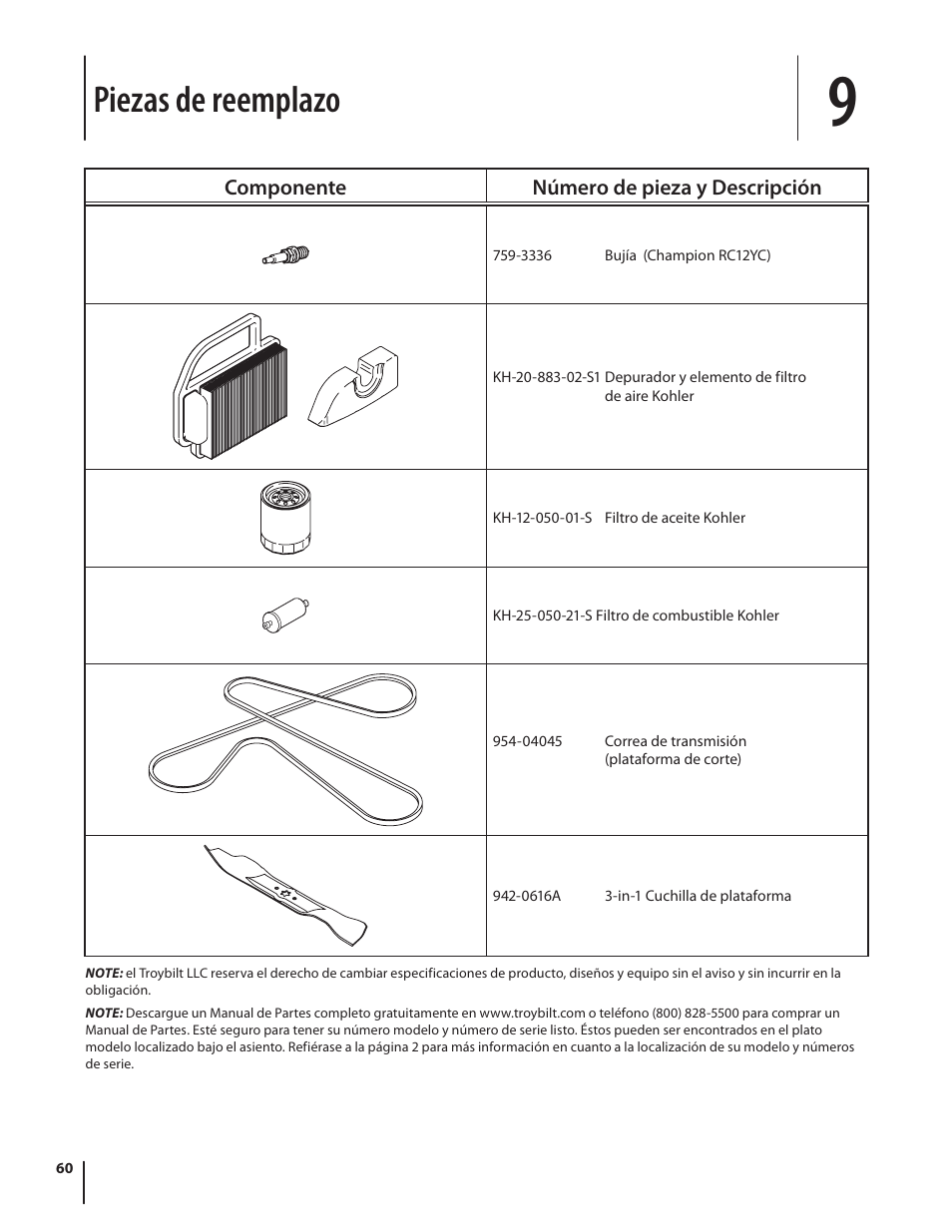 Piezas de reemplazo | Troy-Bilt Bronco User Manual | Page 60 / 64
