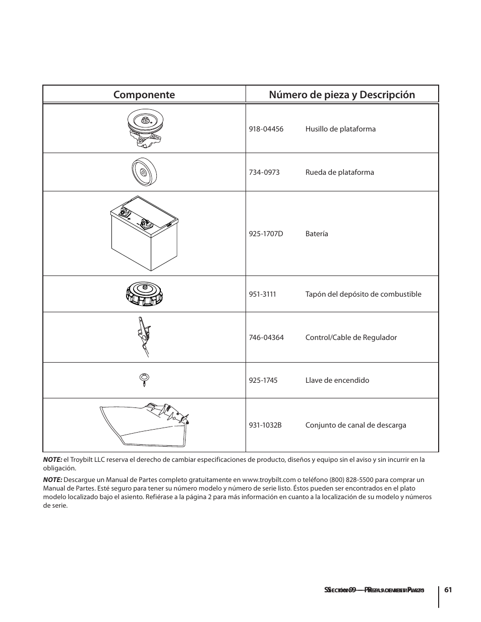 Componente número de pieza y descripción | Troy-Bilt Bronco User Manual | Page 61 / 64