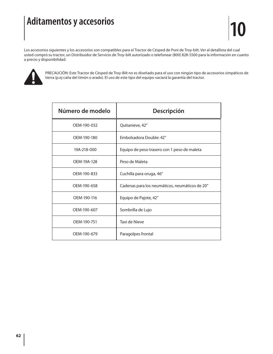Aditamentos y accesorios | Troy-Bilt Bronco User Manual | Page 62 / 64