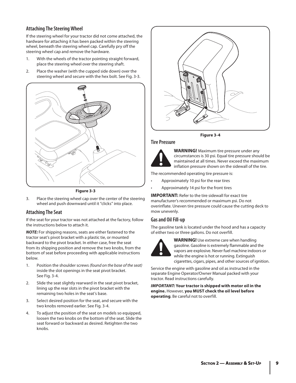 Attaching the steering wheel, Attaching the seat, Tire pressure | Gas and oil fill-up | Troy-Bilt Bronco User Manual | Page 9 / 64