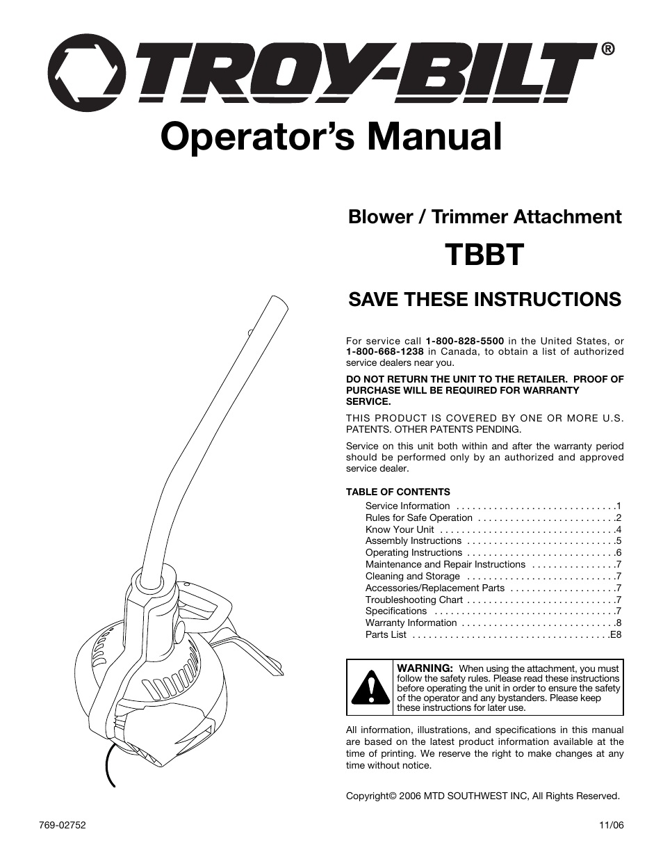 Troy-Bilt TBBT User Manual | 28 pages